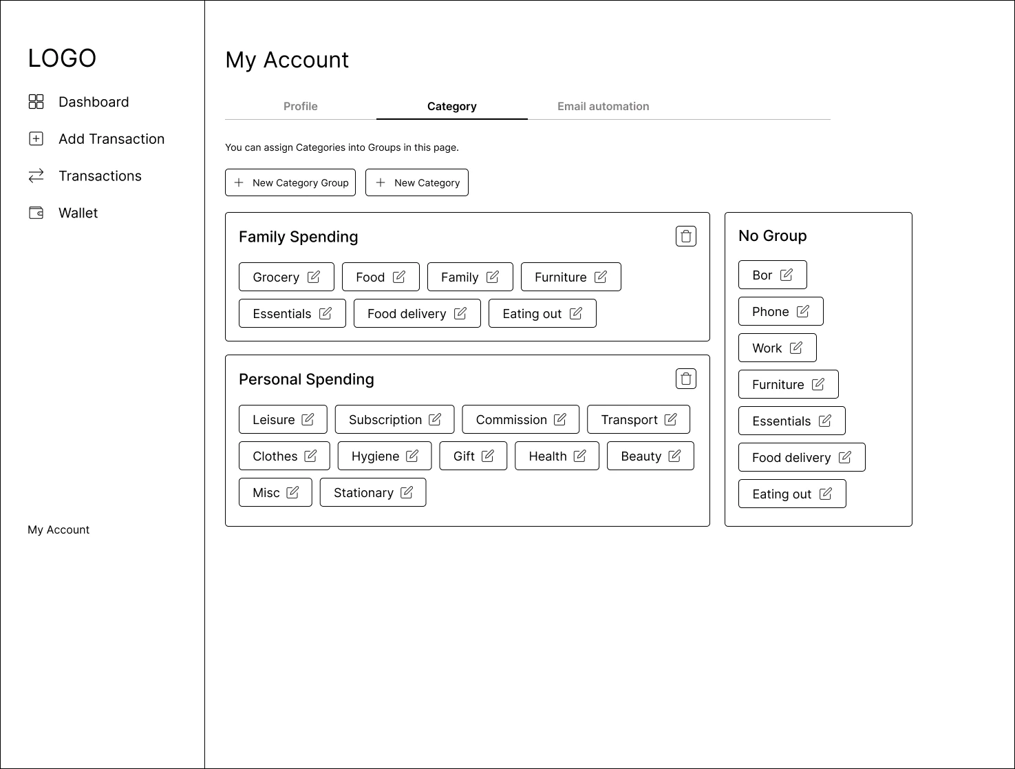 My account category wireframe